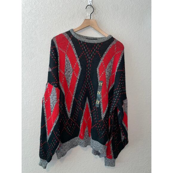 80s Vintage Bronzini Red Black Design Sweater Outerwear 1980s VTG 2XL - Picture 1 of 10